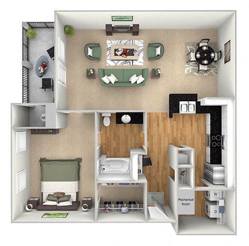Floor plan for 1 bed, 1 bath, 833 sqft